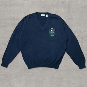 Vintage 80s Izod Navy Blue Cotton V-Neck Sweater with Embroidered Crest